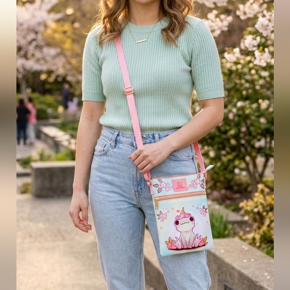 Frog Sakura Flower Passport Crossbody Bag